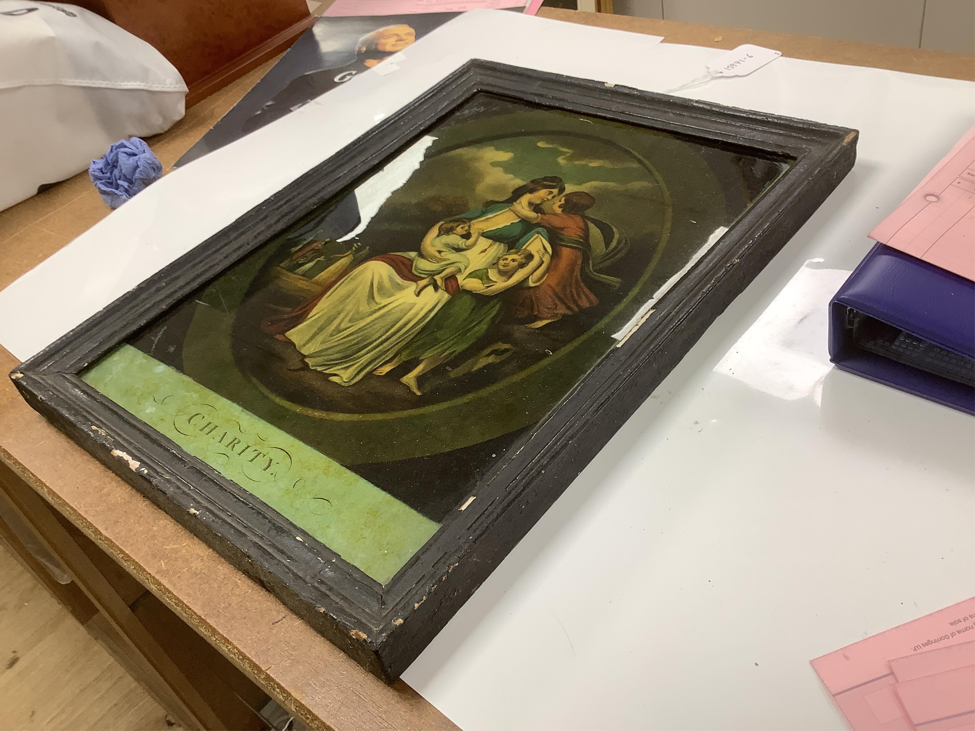 A pair of 18th century, reverse glass painted prints, ‘Charity’ and ‘Faith’, publ. 1797 by John Fairburn, London, 35 x 25cm. Condition - fair